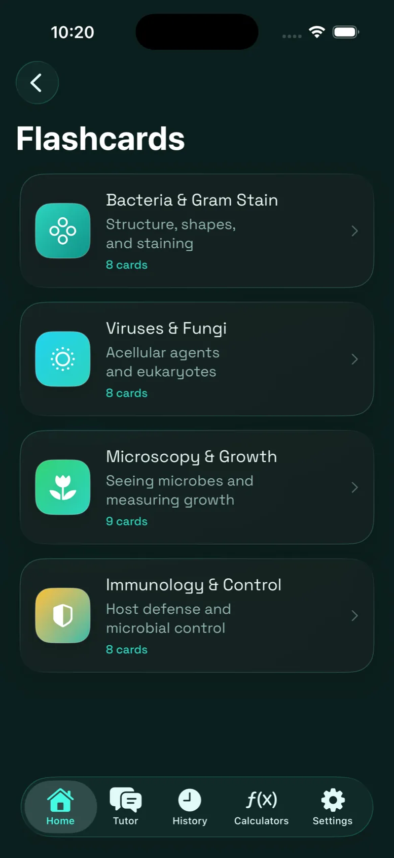 Microbiology AI Flashcards screen in dark mode