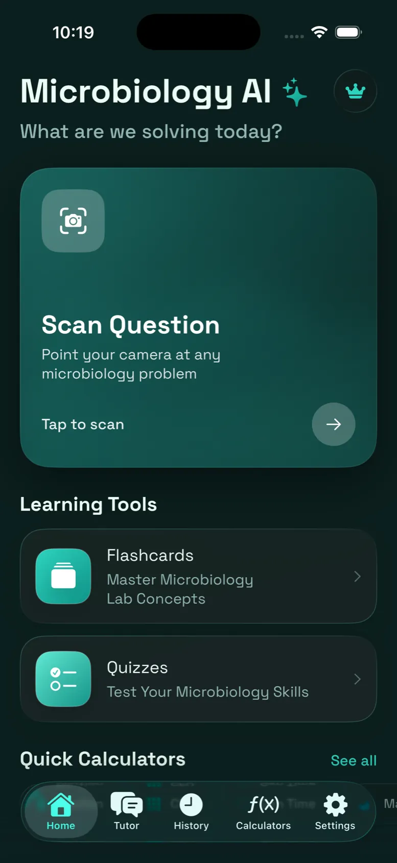 Microbiology AI Pro home screen in dark mode