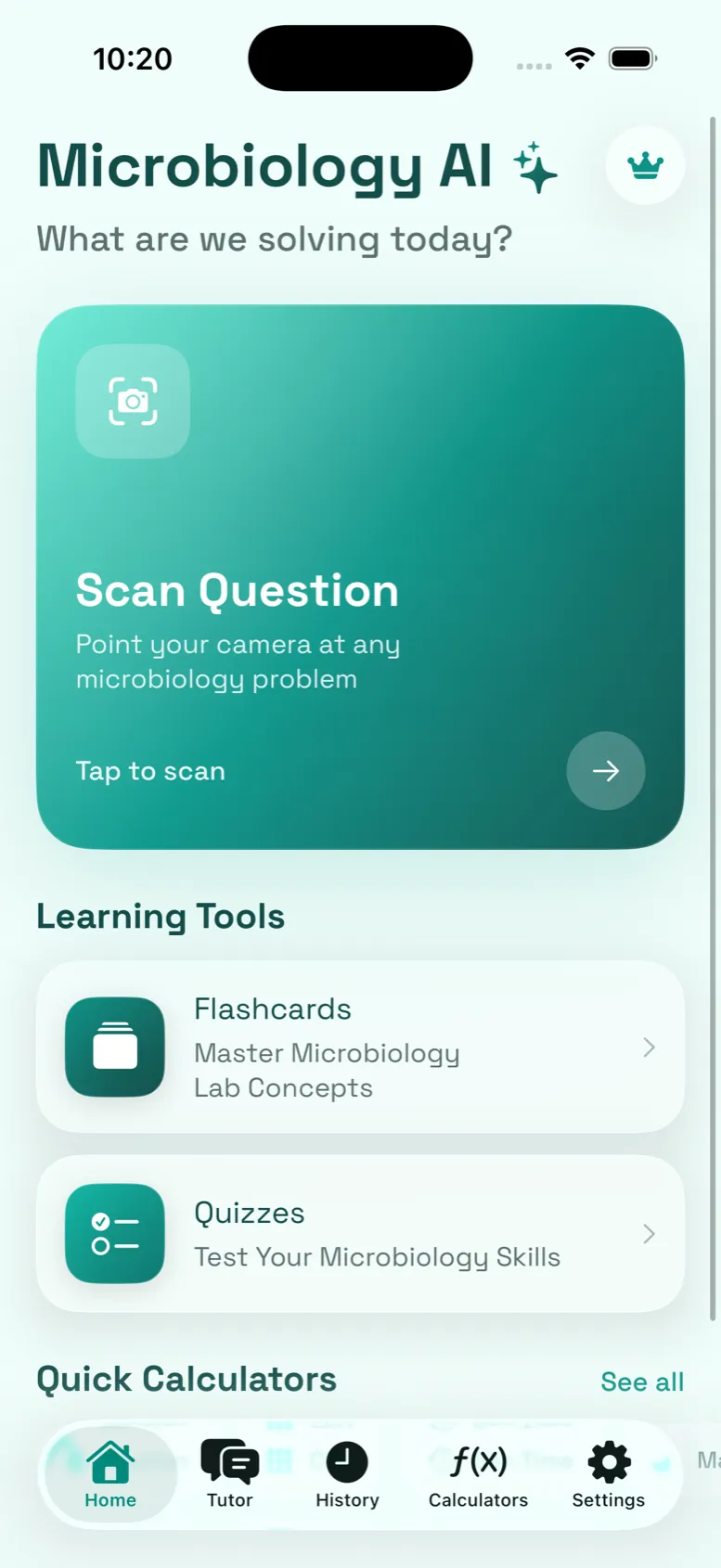 Microbiology AI Pro home screen in light mode
