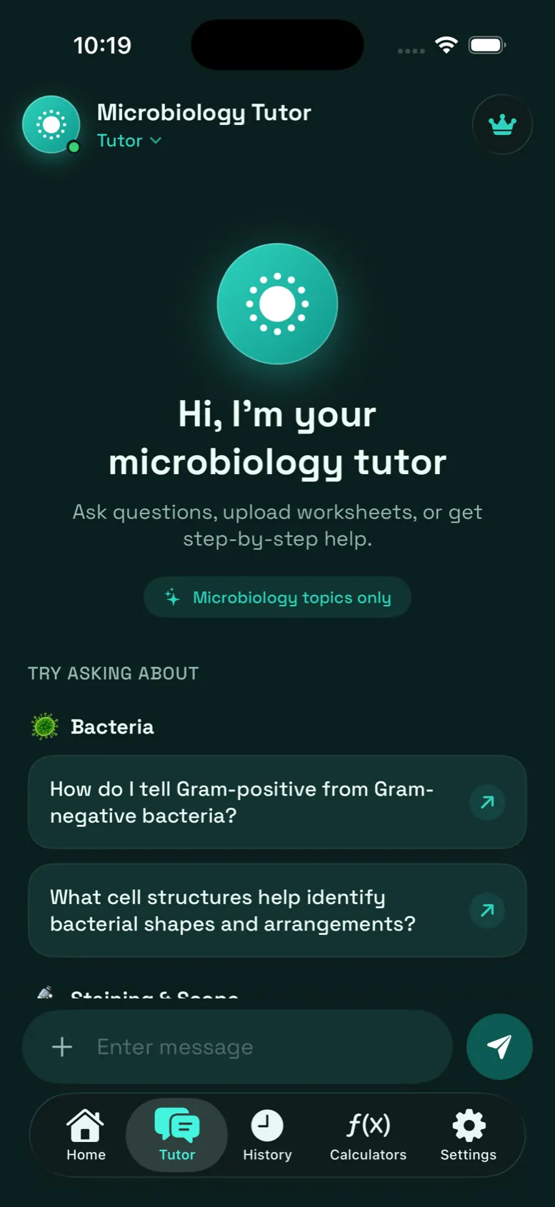 Microbiology AI Tutor screen in dark mode