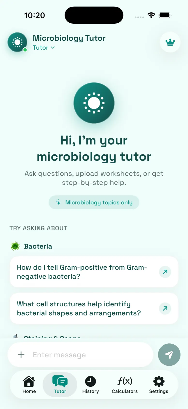 Microbiology AI Tutor screen with suggested bacteria questions